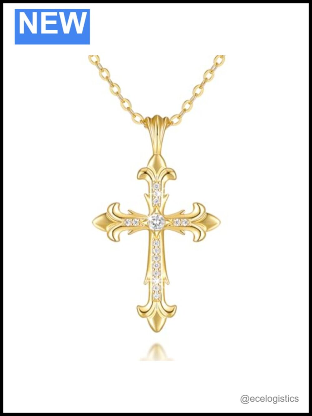 14k Gold Plated Cross Necklace CZ Pendant Adjustable Cable Chain